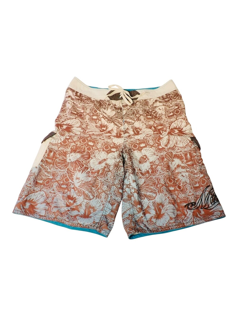 Vintage Micros Board Shorts Mens 34 Brown Teal Hibiscus Floral Swim Trunks Y2K